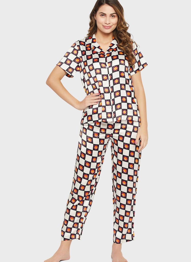 Clovia - Printed Button Down Shirt & Pyjama Set - Image 1