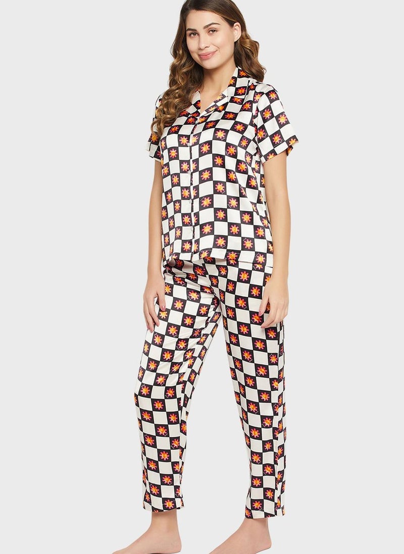 Clovia - Printed Button Down Shirt & Pyjama Set - Image 1