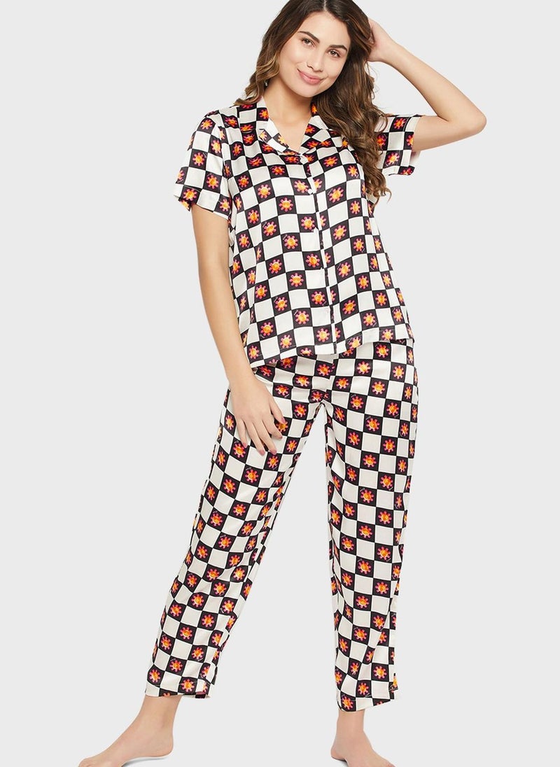 Clovia - Printed Button Down Shirt & Pyjama Set - Image 1
