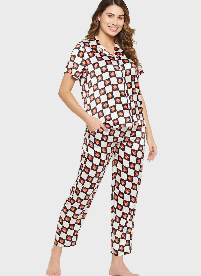 Clovia - Printed Button Down Shirt & Pyjama Set - Image 1