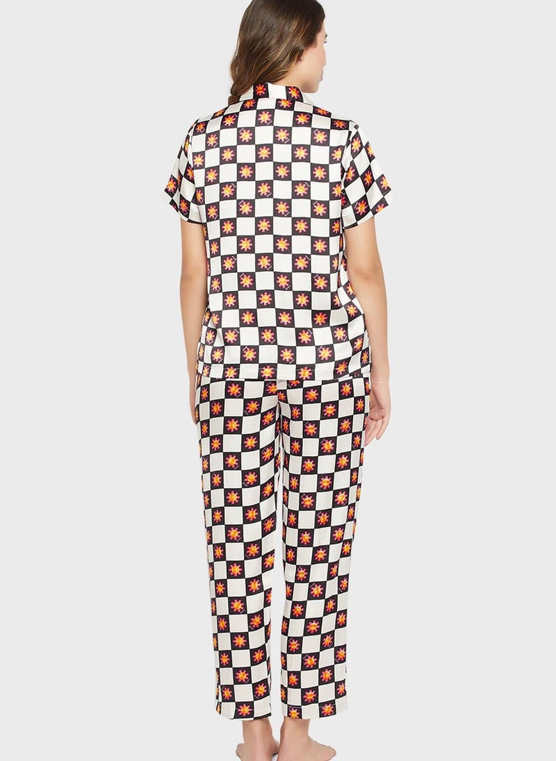 Clovia - Printed Button Down Shirt & Pyjama Set - Image 1