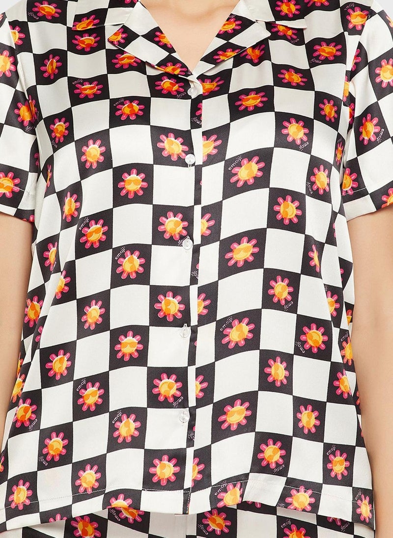 Clovia - Printed Button Down Shirt & Pyjama Set - Image 1