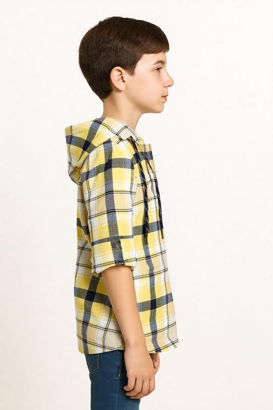 CAVIO Boys Cotton Full Sleeves Checkered Casual Hooded Shirt with t-Shirt Yellow - Image 3