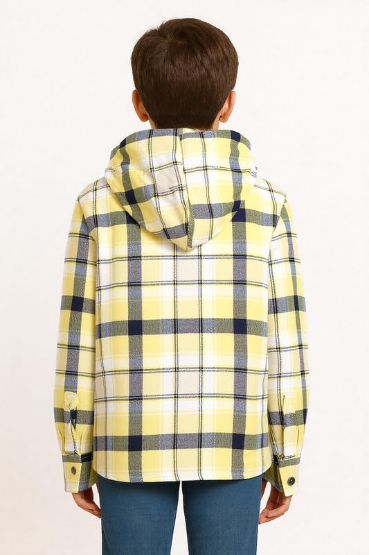 CAVIO Boys Cotton Full Sleeves Checkered Casual Hooded Shirt with t-Shirt Yellow - Image 2