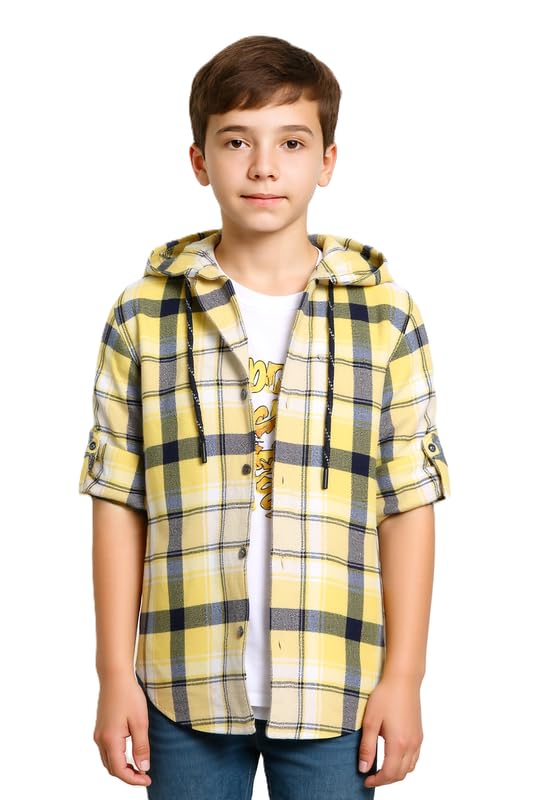 CAVIO Boys Cotton Full Sleeves Checkered Casual Hooded Shirt with t-Shirt Yellow - Image 1