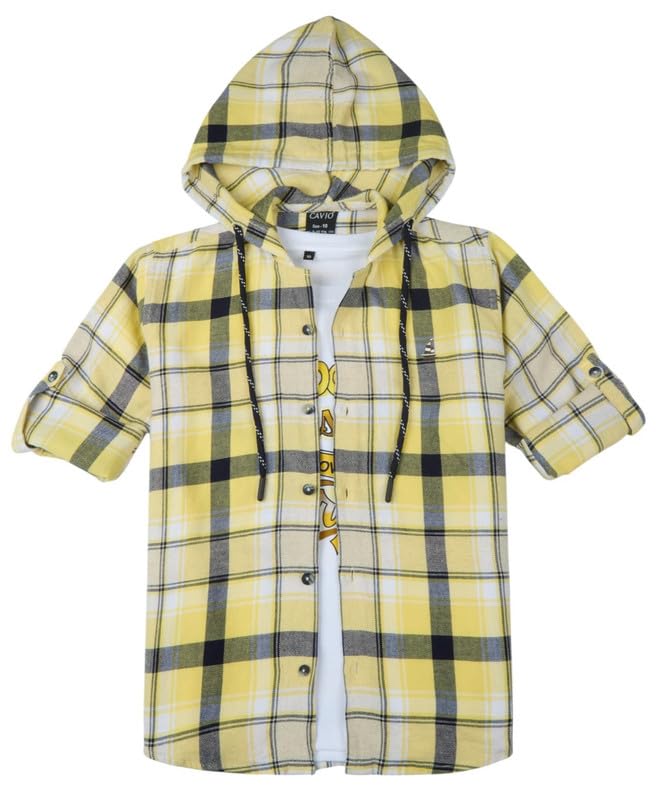 CAVIO Boys Cotton Full Sleeves Checkered Casual Hooded Shirt with t-Shirt Yellow - Image 4