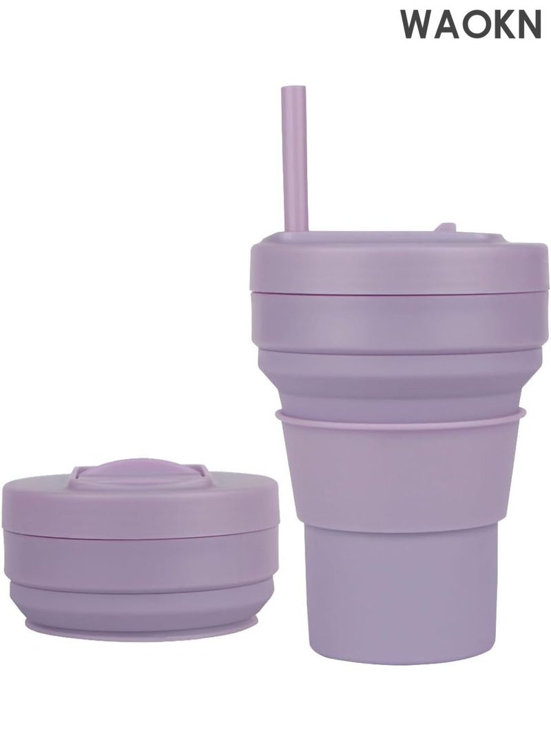 دبليو أيه أو كي أن كوب قهوة قابل للطي - كوب سفر قابل لإعادة الاستخدام سعة 16 أونصة مع غطاء مانع للتسرب وقشة سيليكون - تصميم صغير الحجم مناسب للجيب للمشروبات الساخنة/الباردة - كوب سيليكون صديق للبيئة خالٍ من مادة BPA للقهوة والشاي والعصائر - مثالي للتخييم والتنقل (أرجواني) - Image 1