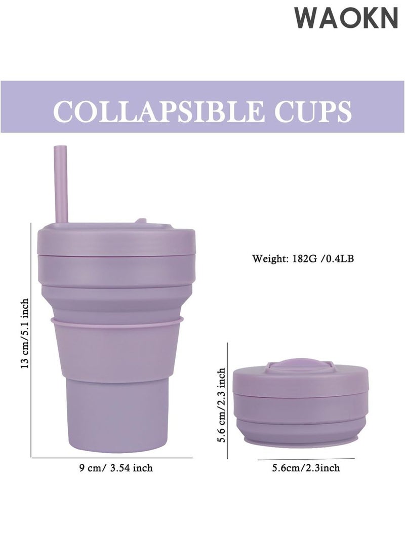دبليو أيه أو كي أن كوب قهوة قابل للطي - كوب سفر قابل لإعادة الاستخدام سعة 16 أونصة مع غطاء مانع للتسرب وقشة سيليكون - تصميم صغير الحجم مناسب للجيب للمشروبات الساخنة/الباردة - كوب سيليكون صديق للبيئة خالٍ من مادة BPA للقهوة والشاي والعصائر - مثالي للتخييم والتنقل (أرجواني) - Image 2
