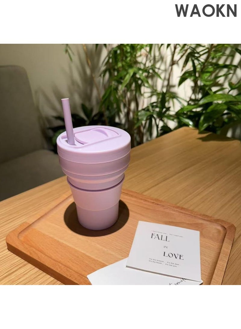 دبليو أيه أو كي أن كوب قهوة قابل للطي - كوب سفر قابل لإعادة الاستخدام سعة 16 أونصة مع غطاء مانع للتسرب وقشة سيليكون - تصميم صغير الحجم مناسب للجيب للمشروبات الساخنة/الباردة - كوب سيليكون صديق للبيئة خالٍ من مادة BPA للقهوة والشاي والعصائر - مثالي للتخييم والتنقل (أرجواني) - Image 4