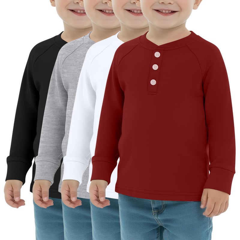 LessonZoo 4 Pack Boys' Long Sleeve T-Shirts Girls' Henley Tees Casual Toddler Shirts Solid Baby Winter Clothes Unisex(Crimson, White, Gray, Black,12-18 Months) - Image 1