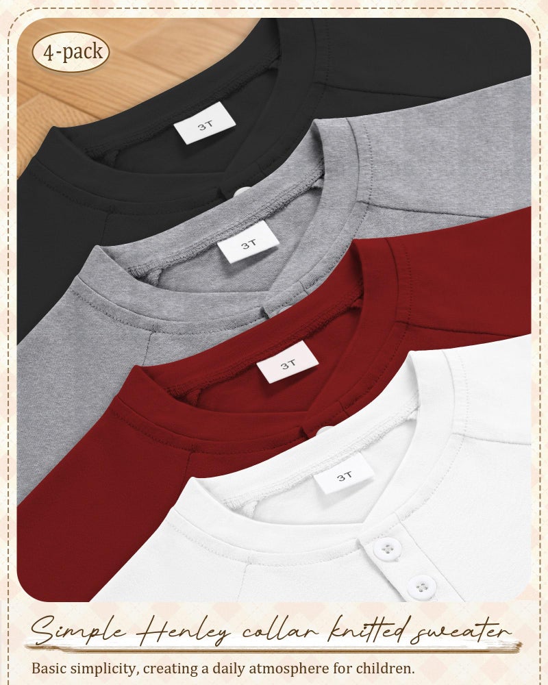 LessonZoo 4 Pack Boys' Long Sleeve T-Shirts Girls' Henley Tees Casual Toddler Shirts Solid Baby Winter Clothes Unisex(Crimson, White, Gray, Black,12-18 Months) - Image 3
