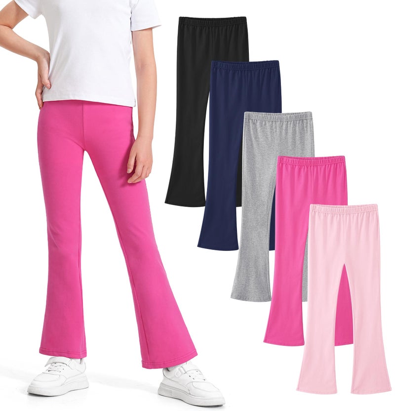BOOPH 5 Pack Girls Flare Leggings High Waist Bell Bottom Pants Kids Cotton Casual Clothes for Teen Girl 7-8Y Black/Navy/Gray/Rose Red/Pink - Image 1