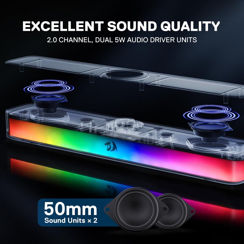 Redragon GS515 RGB Desktop Soundbar, 2.0 Channel Stereo Computer Speakers for Desktop with BT 5.3, USB-C/USB Powered, Black - Image 2