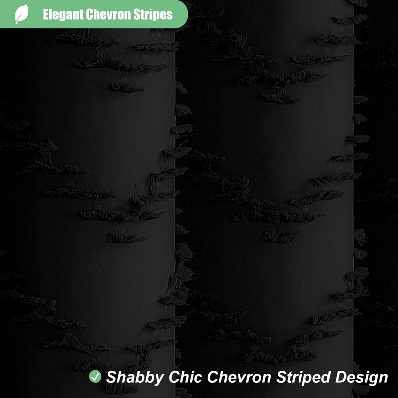 Dynamene Boho Farmhouse Shower Curtain, Black Fabric Tufted Chevron Striped Textured Tassel Shower Curtains for Bathroom, Water Repellent, Minimalist Ruffled Cloth Shower Curtain Set with Hook, 72x72 - Image 3