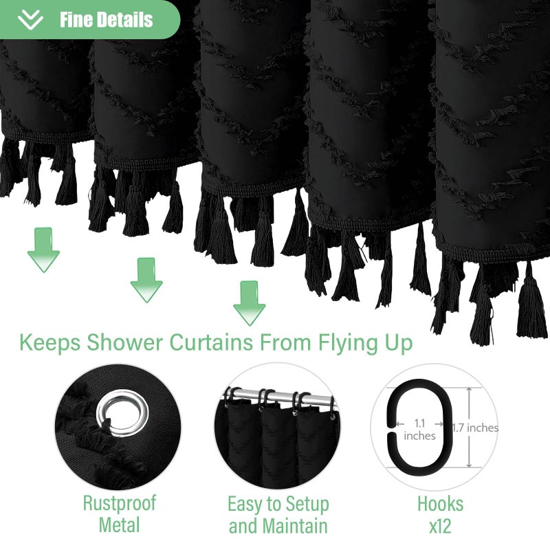 Dynamene Boho Farmhouse Shower Curtain, Black Fabric Tufted Chevron Striped Textured Tassel Shower Curtains for Bathroom, Water Repellent, Minimalist Ruffled Cloth Shower Curtain Set with Hook, 72x72 - Image 5