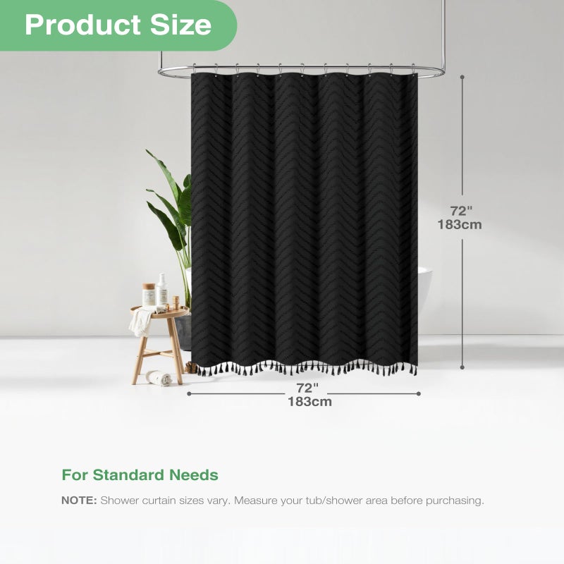 Dynamene Boho Farmhouse Shower Curtain, Black Fabric Tufted Chevron Striped Textured Tassel Shower Curtains for Bathroom, Water Repellent, Minimalist Ruffled Cloth Shower Curtain Set with Hook, 72x72 - Image 4