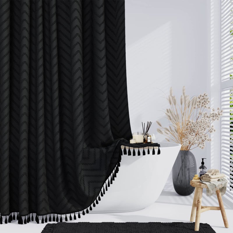 Dynamene Boho Farmhouse Shower Curtain, Black Fabric Tufted Chevron Striped Textured Tassel Shower Curtains for Bathroom, Water Repellent, Minimalist Ruffled Cloth Shower Curtain Set with Hook, 72x72 - Image 1
