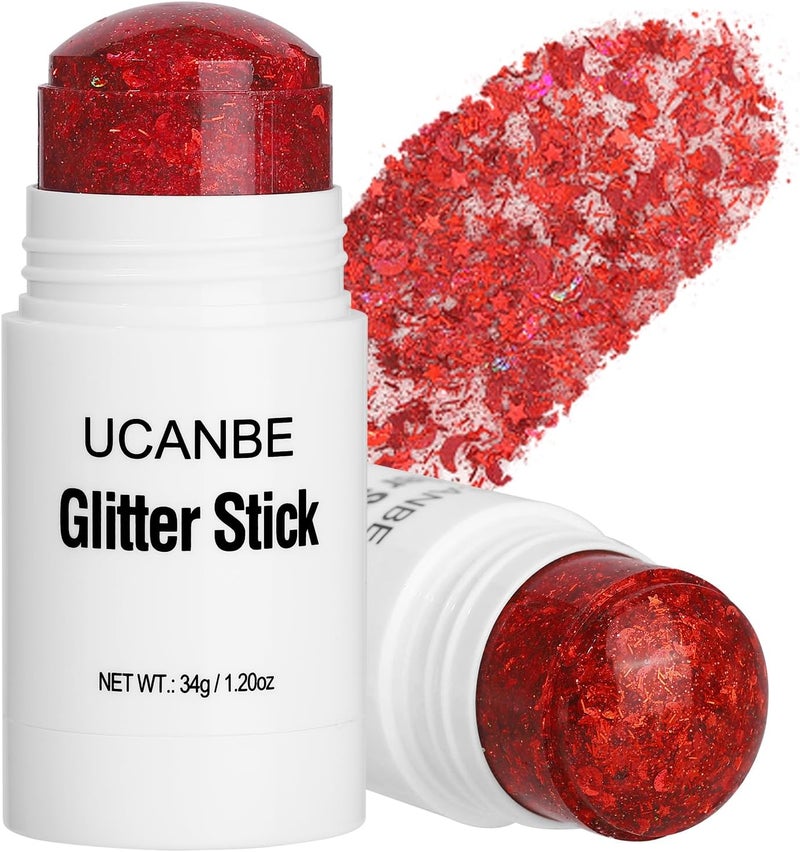 UCANBE Red Body Glitter Stick for Singer Concerts Music Festivals, Face Glitter Makeup for Face Body Hair Eyes & Lips, Chunky Glitter Sparkling Mermaid Sequins for Women 1.2OZ