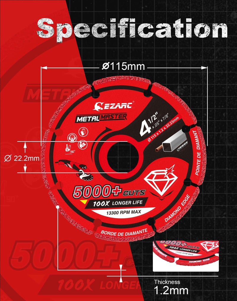 EZARC Diamond Cutting Wheel 4 1/2 x 7/8 Inch for Metal, Cut Off Wheel with 5000+ Cuts on Rebar, Steel, Iron and INOX - Image 5