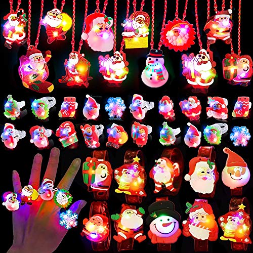 Atonofun Christmas Party Favors for Kids Light Up Xmas Gift Flash Rings Necklaces Bracelets 42 Pack LED Toys Glow in the Dark Party Supplies for Holiday Christmas Stocking Stuffers - Image 1