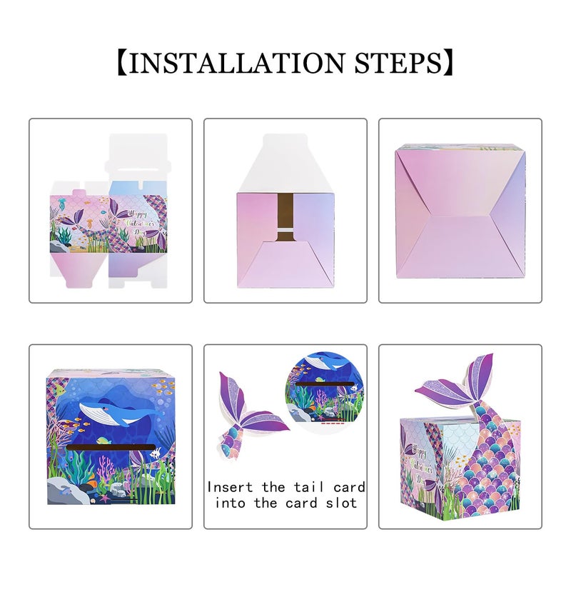 HEIPINIUYE Valentines Cards for Kids Mermaid Valentines Day Box for Kids Classroom School Gift Exchange Party Supplies Valentine Mailbox with 35 Mermaid Valentines Cards - Image 3
