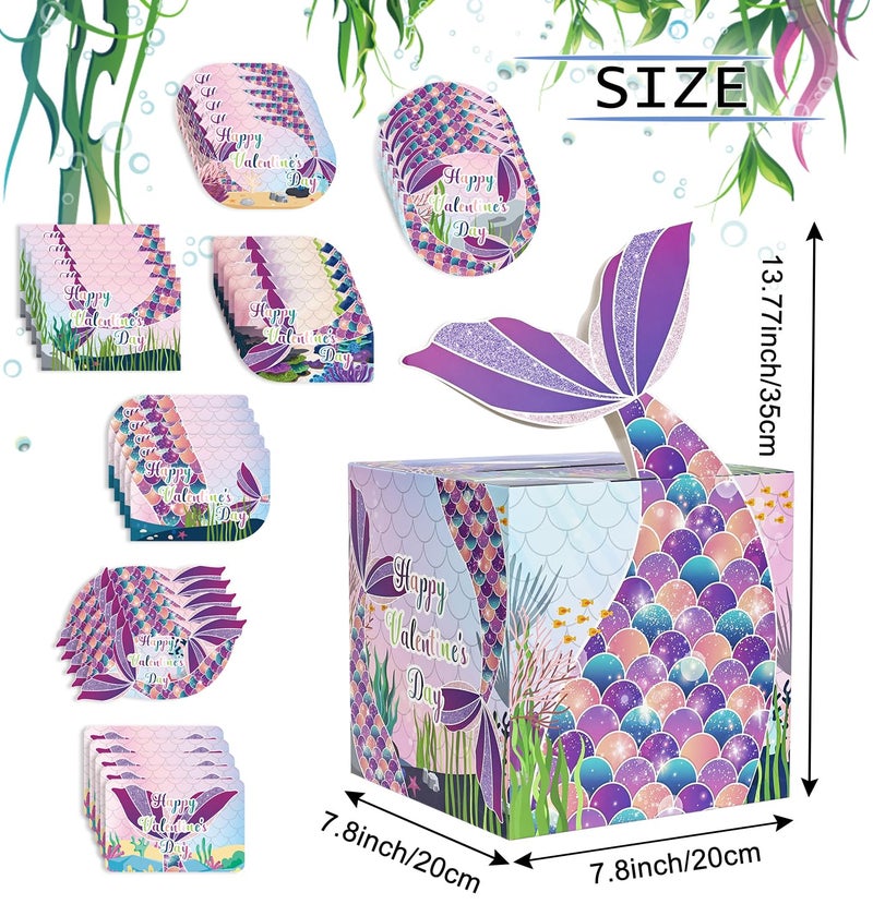 HEIPINIUYE Valentines Cards for Kids Mermaid Valentines Day Box for Kids Classroom School Gift Exchange Party Supplies Valentine Mailbox with 35 Mermaid Valentines Cards - Image 2