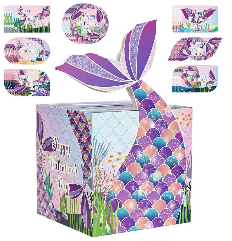 HEIPINIUYE Valentines Cards for Kids Mermaid Valentines Day Box for Kids Classroom School Gift Exchange Party Supplies Valentine Mailbox with 35 Mermaid Valentines Cards - Image 1