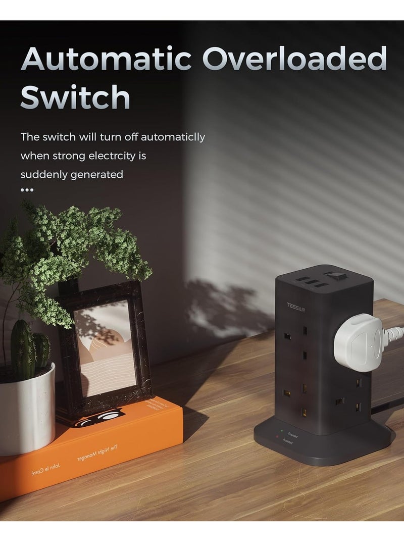 تيسان كابل تمديد برجي بطول 2 متر مع فتحات USB-C، مقبس تمديد TESSAN بـ 12 منفذًا مع 3 منافذ USB، قابس متعدد مع مفتاح (13 أمبير 3250 واط)، شريط طاقة مضاد للانزلاق، كابل تمديد برجي TESSAN 15 في 1، 12 منفذ تيار متردد، 2 USB-A، 1 USB-C للمكتب والمنزل والمدرسة ولوازم المطبخ، أسود - Image 3