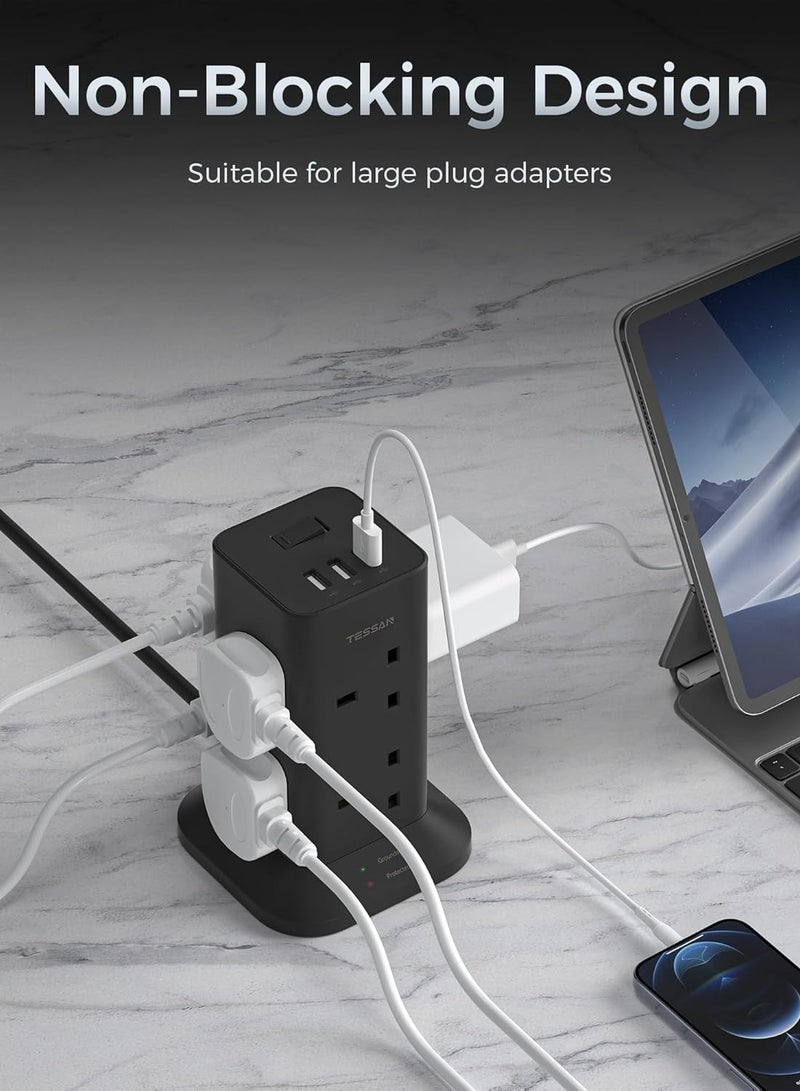 تيسان كابل تمديد برجي بطول 2 متر مع فتحات USB-C، مقبس تمديد TESSAN بـ 12 منفذًا مع 3 منافذ USB، قابس متعدد مع مفتاح (13 أمبير 3250 واط)، شريط طاقة مضاد للانزلاق، كابل تمديد برجي TESSAN 15 في 1، 12 منفذ تيار متردد، 2 USB-A، 1 USB-C للمكتب والمنزل والمدرسة ولوازم المطبخ، أسود - Image 5