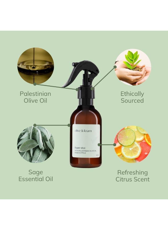 اولف اند فوم بخاخ معطر للغرف من Olive & Foam بزيت الزيتون الفلسطيني بعطر الميرمية والحمضيات، معطر منزلي يدوم طويلاً، مثالي لغرفة النوم والحمام والمكتب. - Image 3