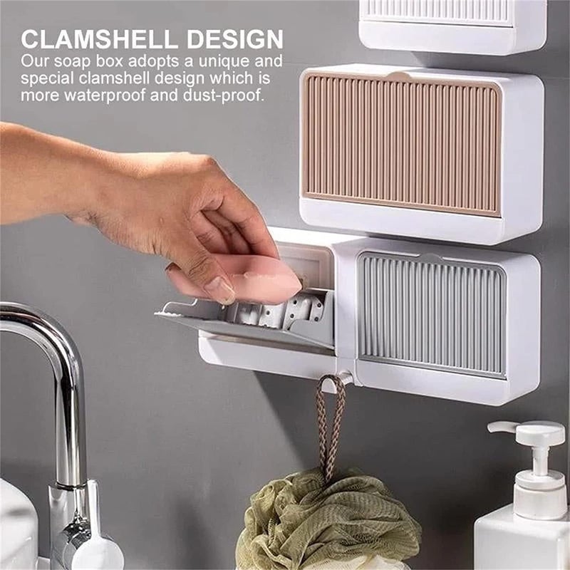 comfrt Wall-Mounted Soap Holder - Self Adhesive Soap Box - New-Upgrade Soap Dish Holder for Bathroom - Flip-Top Design & with Drainage Hole and Catch Water Container - Keep Soap Bars Dry (D-White) - Image 3