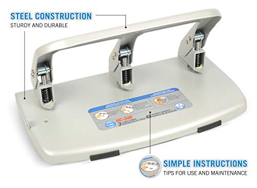 CARL, Medium-Duty 3 Hole Paper Punch, 40 Sheet Punch Capacity, Metallic, Model:HC-340 - Image 2