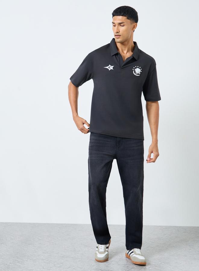 Styli Black Graphic Print Oversized Polo Shirt - Image 2