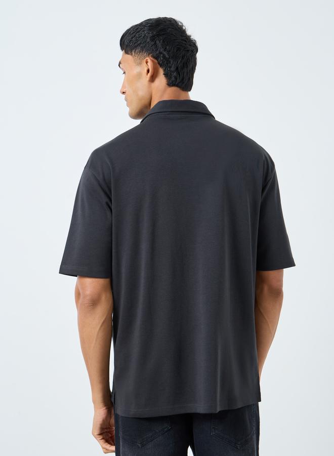 Styli Black Graphic Print Oversized Polo Shirt - Image 4