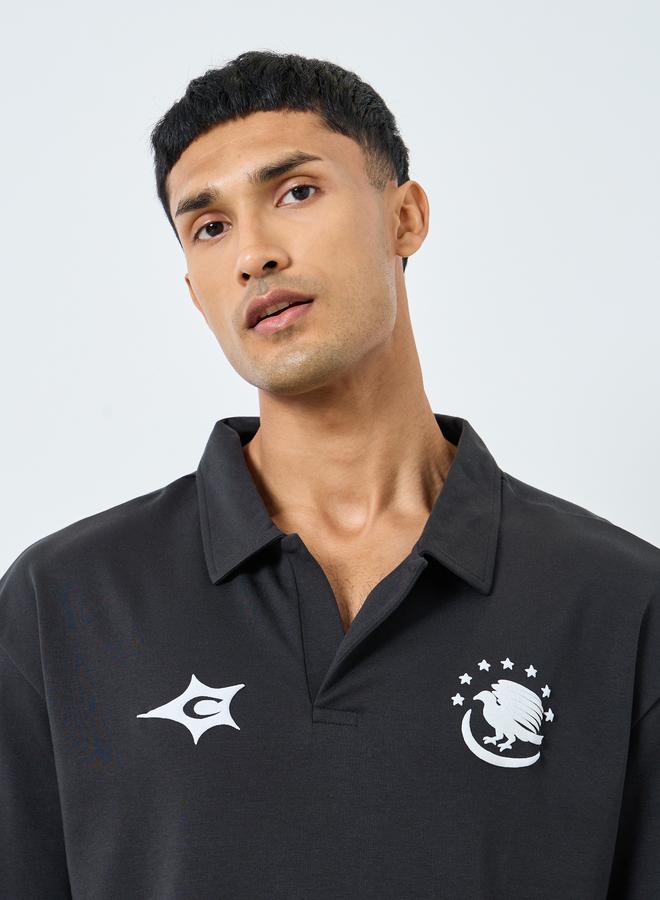 Styli Black Graphic Print Oversized Polo Shirt - Image 3