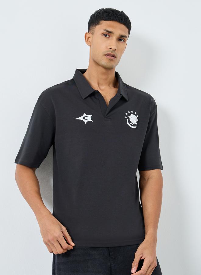 Styli Black Graphic Print Oversized Polo Shirt - Image 1