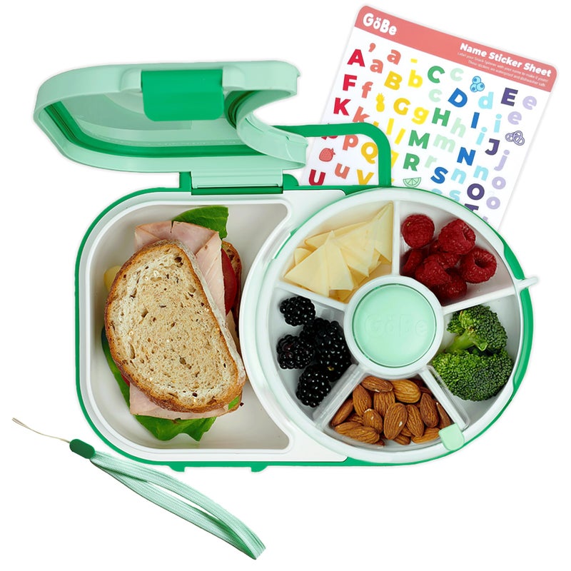 GoBe Kids Lunchbox with Small Snack Spinner Flip  Bundle with Hand Strap  Sticker Sheet 2in1 Bento Style Lunch Container 5 Small 1 Large Sandwich Compartment BPA  PVC Free  Mint Green