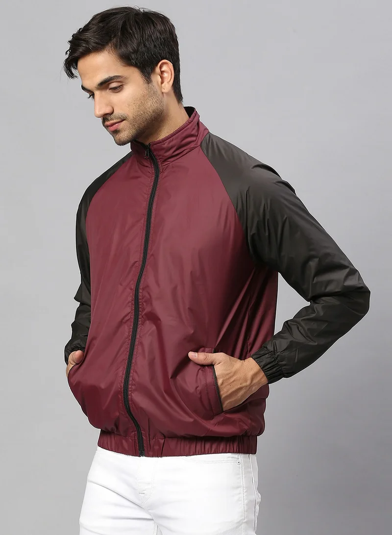 Dennis Lingo Maroon Regular Fit Men's Colourblocked Mock Neck Polyester Jacket with Zipper Closure