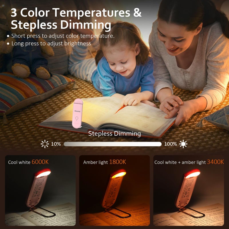 Akomid USB Rechargeable Book Light for Reading in Bed, 8 LEDs Bookmark Style Clip on, Eye-Cared Amber Light Mode for Kids, Blue Light Blocking, Stepless Dimming, Pink - Image 5