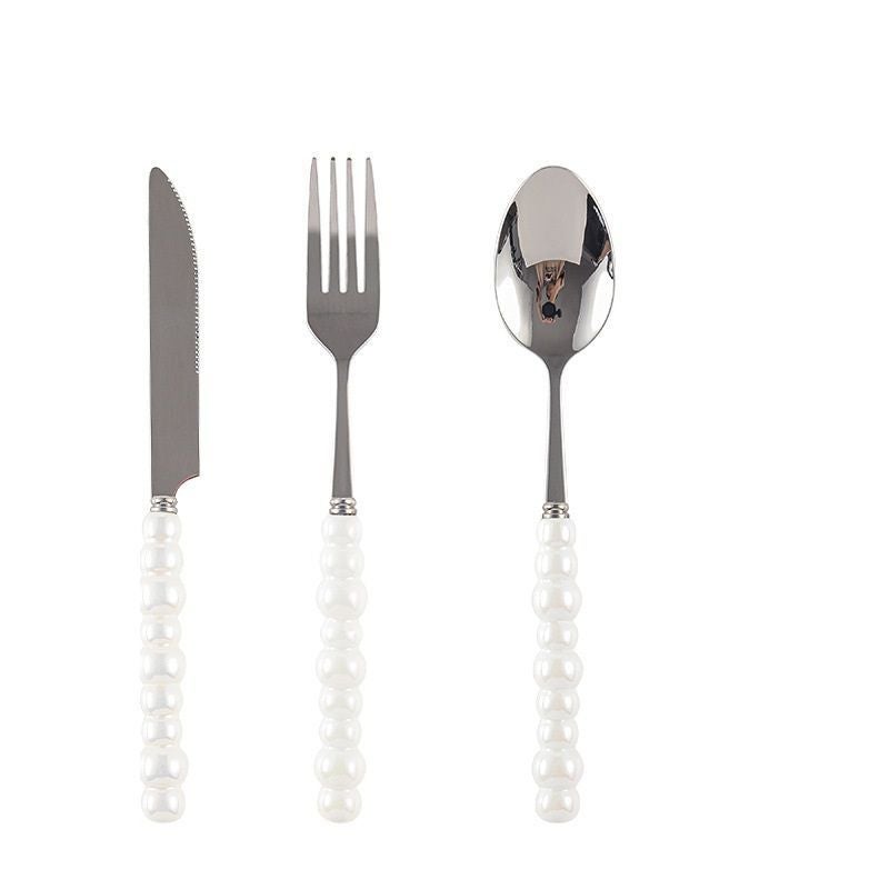 Ins Style Light Luxury Pearl Ceramic Handle Stainless Steel Tableware Creative High-value Western Steak Knife and Fork Spoon Dessert Spoon Pearl white ceramic 3-piece set