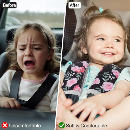 FIODAY Seat Belt Cover Pad for Baby, Soft Seatbelt Cushion Covers for Kids 2Pcs Car Seat Strap Shoulder Pads for All Car Seats, Stroller, High Chair,Black Flower - Image 2