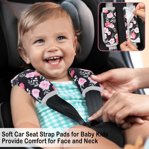 FIODAY Seat Belt Cover Pad for Baby, Soft Seatbelt Cushion Covers for Kids 2Pcs Car Seat Strap Shoulder Pads for All Car Seats, Stroller, High Chair,Black Flower - Image 3