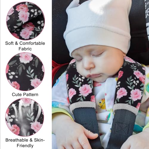 FIODAY Seat Belt Cover Pad for Baby, Soft Seatbelt Cushion Covers for Kids 2Pcs Car Seat Strap Shoulder Pads for All Car Seats, Stroller, High Chair,Black Flower - Image 4