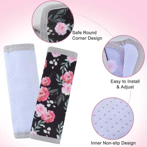 FIODAY Seat Belt Cover Pad for Baby, Soft Seatbelt Cushion Covers for Kids 2Pcs Car Seat Strap Shoulder Pads for All Car Seats, Stroller, High Chair,Black Flower - Image 5