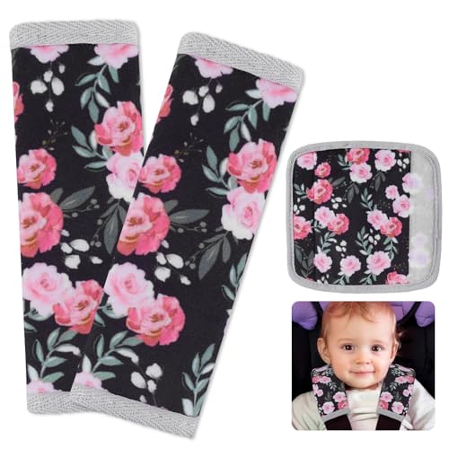 FIODAY Seat Belt Cover Pad for Baby, Soft Seatbelt Cushion Covers for Kids 2Pcs Car Seat Strap Shoulder Pads for All Car Seats, Stroller, High Chair,Black Flower - Image 1