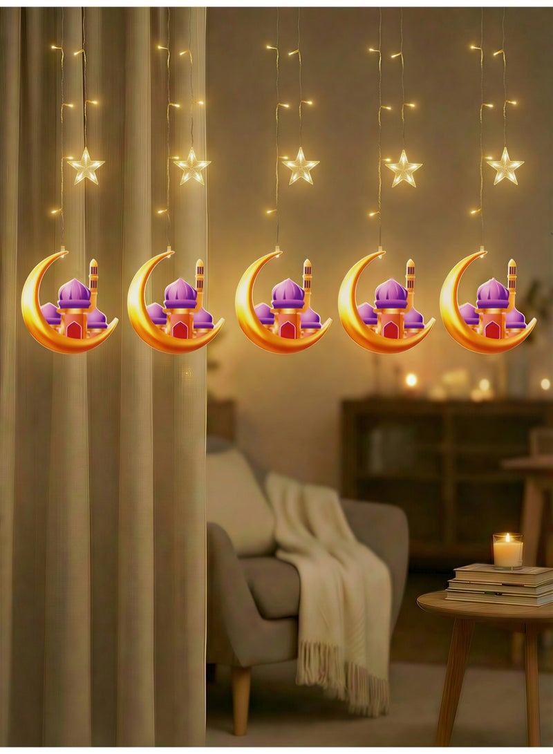 ستارة أنوار ليد زينة رمضان - تصميم هلال ومسجد مع نجوم - حبل إضاءة ديكور للمنزل وغرفة المعيشة والاحتفالات - أجواء رمضانية مميزة 2.5 متر