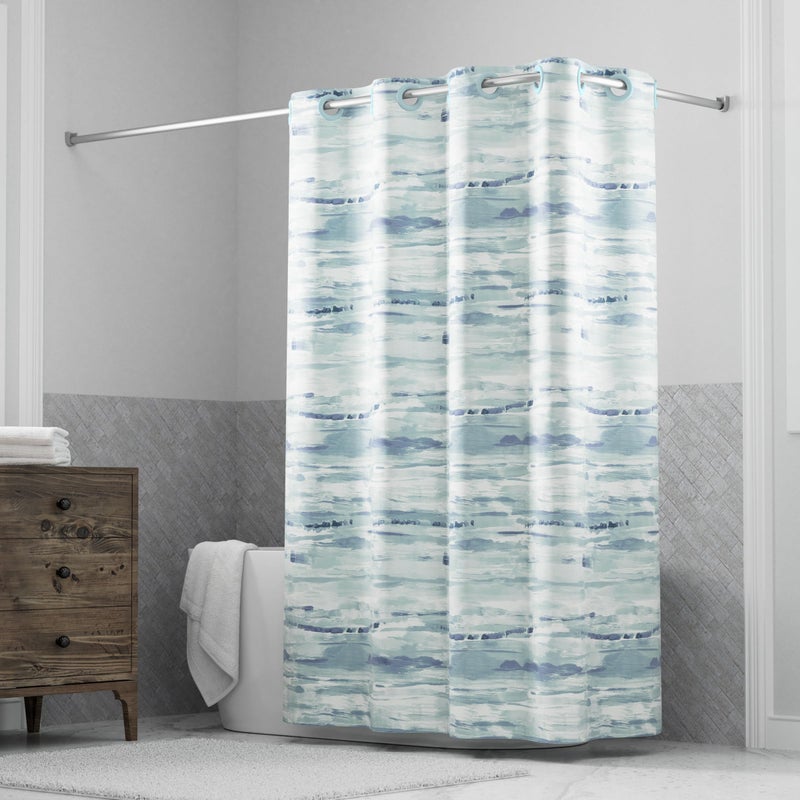 Hookless It's A Snap! Faux Silk Shower Curtain, 3-in-1 Curtain Includes Fabric Shower Curtain with Flex-On Rings & Fabric Liner with Magnets, 71" x 74", Watercolor Print, Blue - Image 1