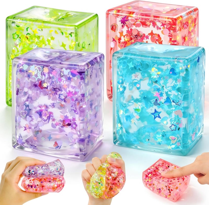Gucbbaui 4 Pack Glitter Ice Cube Stress Ball, Soft Cube Colorful Sensory Fidget Toys for Adults u0026 Kids, Fun Square Squeeze Toys for Anxiety Stress Relief, Great Holiday u0026 Birthday Gifts, Classroom Prizes - Image 1