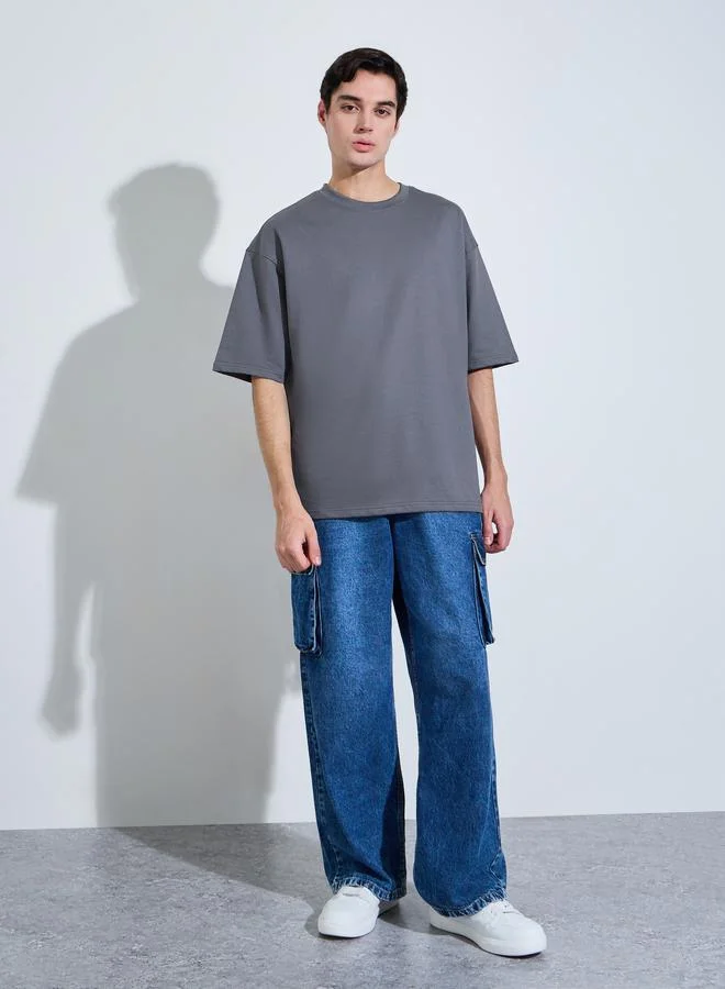 ستايلي Men Oversized Back Typographic Print Terry T-Shirt