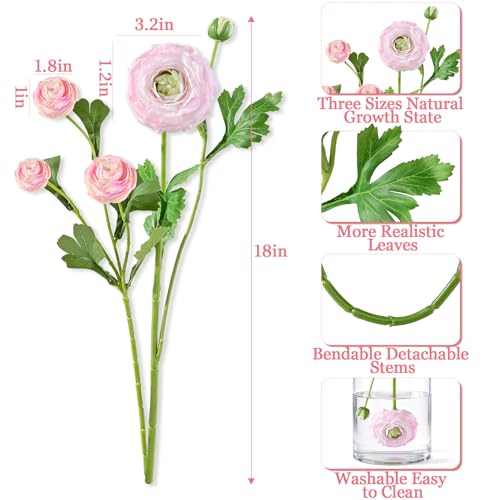 Dolicer Real Touch Ranunculus Artificial Flowers, 8Pcs 18 Inch Fake Peonies Artificial Flowers, Pink Faux Flower for Vase Faux Peony Bulk for Home Table Wedding Bridal Bouquet Decor - Image 3